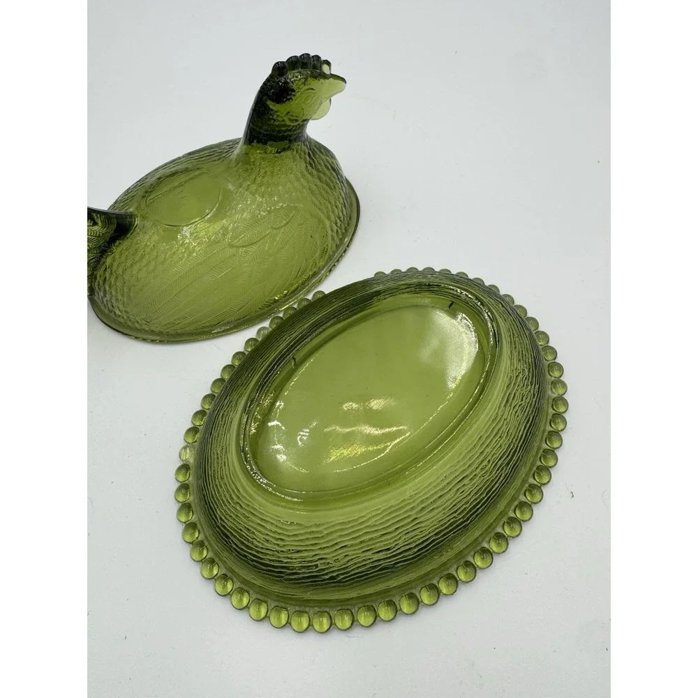 Vintage Indiana Olive Green Glass Hen on Nest Dish w/ Lid Oval Beaded Base